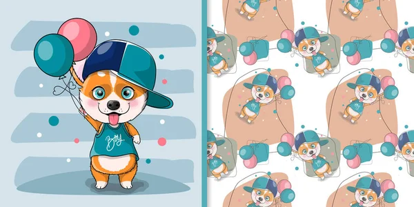 Schattig Cartoon Hond Corgi Met Ballonnen — Stockvector