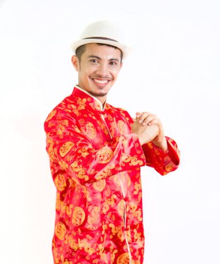 Çince geleneksel kıyafet cheongsam veya tang takım elbise ile Asya adam 