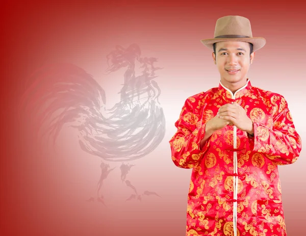 Hombre Asiático Con Cheongsam Vestido Tradicional Chino Saludo Traje Espiga — Foto de Stock