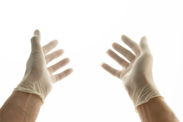 Mãos Luvas Médicas Látex Protetoras Fundo Isolado Branco Fechar — Fotografia de Stock