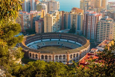 Malaga 'da tarihi bir boğa güreşi. Gökdelenler, ağaçlar ve çalılarla kaplı, Malaga 'nın çatıları üzerinde manzarası olan yüksek binaların tam ortasında.