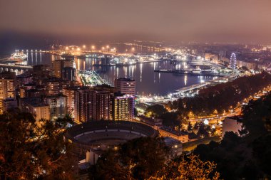 Malaga, İspanya 'nın Akdeniz kıyısında geceleyin. Şehrin Costa del Sol 'daki panoramik manzarası. Işıklı liman, boğa güreşi, ağaçlar, sokak ışıkları, dönme dolap, gece yolcu gemisi.