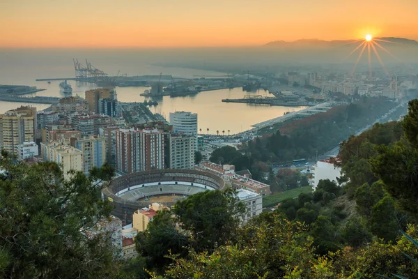 Sunset Malaga Spanish Costa Del Sol Panoramic View City Harbor — Stock Photo, Image