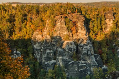 Ağaçlı ve taşlı Sakson İsviçre. Sonbahar havasında Elbe Kum Taşı Dağları 'ndan ulusal parktaki orman manzarası. Akşam güneşinde kaya oluşumu ve mavi bir gökyüzü