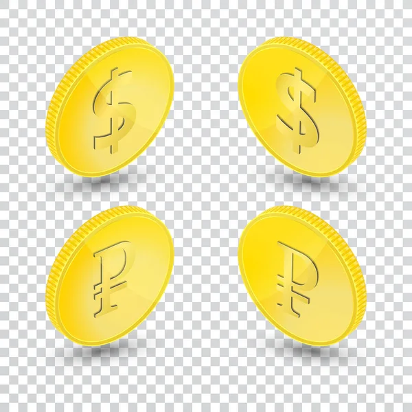 世界通貨の金貨のセット 透明な背景のアイソメトリックシンボル 3Dスタイル 記号はドル ルーブルを示した 設計のベクトル要素 — ストックベクタ