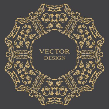 Yuvarlak barok süsü. Mesajın yeri. Logo için geçmişe dönük altın çerçeve, tebrikler, düğün davetiyeleri, mücevherler. Vektör grafikleri.