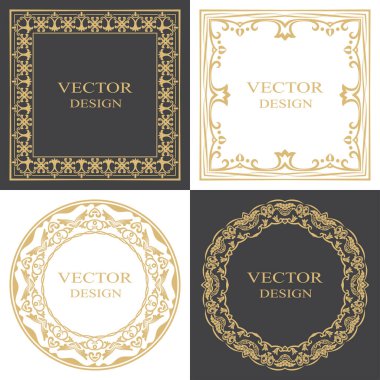 Dikdörtgen ve yuvarlak bir barok süs seti. Mesajın yeri. Logo için geçmişe dönük altın çerçeve, tebrikler, düğün davetiyeleri, mücevherler. Vektör grafikleri.