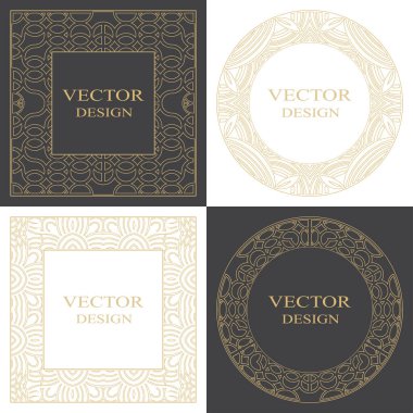 Dikdörtgen ve yuvarlak bir barok süs seti. Mesajın yeri. Logo için geçmişe dönük altın çerçeve, tebrikler, düğün davetiyeleri, mücevherler. Vektör grafikleri.
