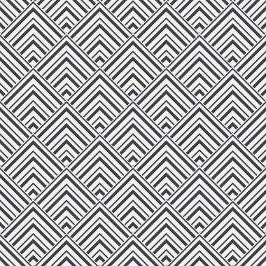 Kusursuz geometrik arka plan. Piramitler biçimindeki açısal şekillerden soyut desenler. Beyaz ve siyah süs. Vektör kafes tasarımı grafiği.