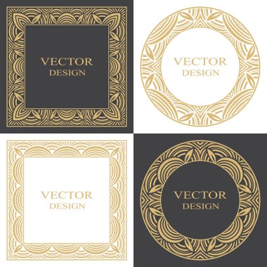 Metin için alanı olan dairesel çerçeveler. Arap tarzında doğrusal altın bir süs. Düğün davetiyelerinin grafiksel tasarımı, menüler, monogramlar, tebrik kartları. Vektör modeli.