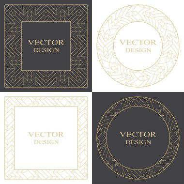 Metin için alanı olan dairesel çerçeveler. Arap tarzında doğrusal altın bir süs. Düğün davetiyelerinin grafiksel tasarımı, menüler, monogramlar, tebrik kartları. Vektör modeli.