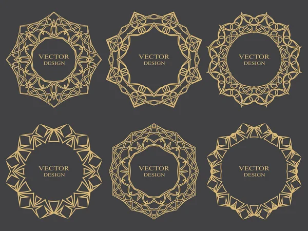 Metin için alanı olan dairesel çerçeveler. Arap tarzında doğrusal altın bir süs. Düğün davetiyelerinin grafiksel tasarımı, menüler, monogramlar, tebrik kartları. Vektör modeli.