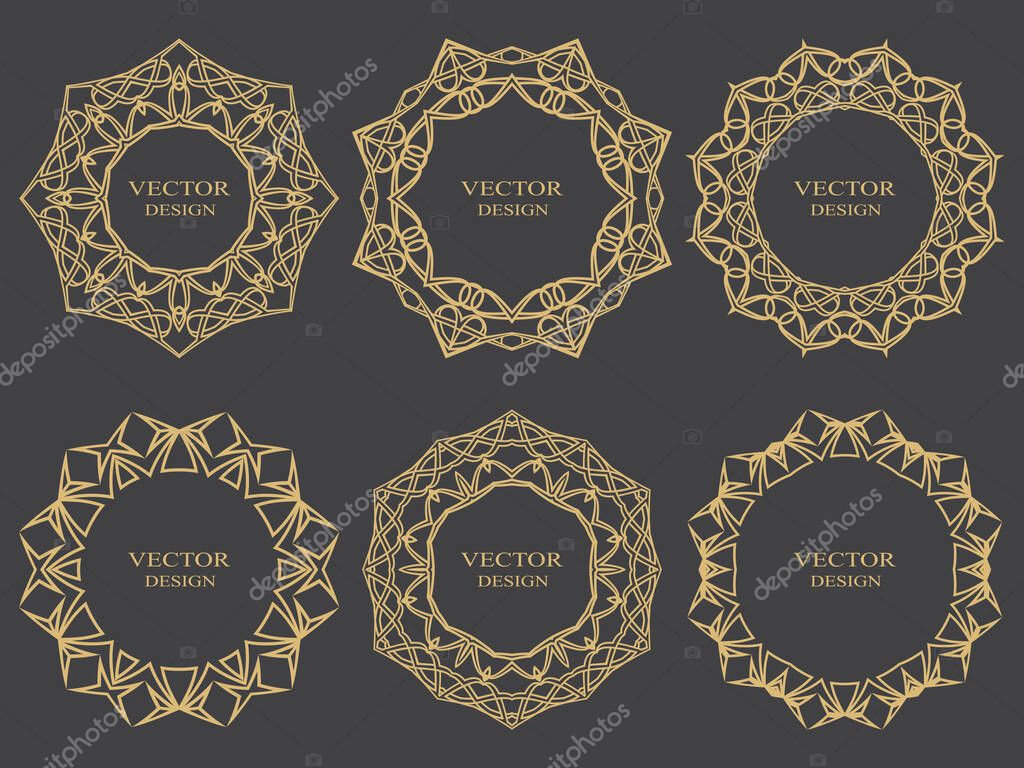 A set of circular frames with space for text. A linear golden ornament in Arabic style. Graphic design of wedding invitations, menus, monograms, greeting cards. Vector model.