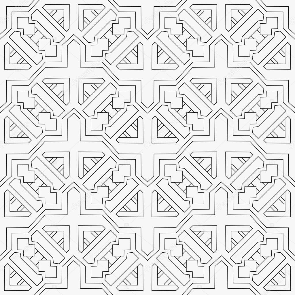 Seamless geometric vector pattern. Ethnic motif. Abstract background with repeating geometric shapes. Thin line. For the cover, of cards, wallpaper, fabric.