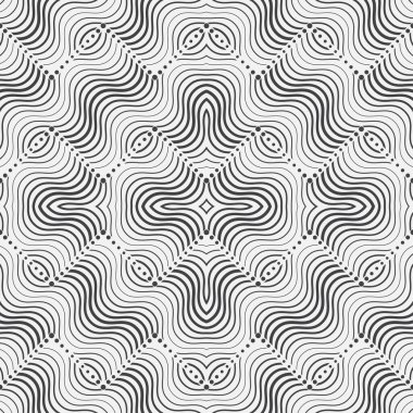 İnce kıvrımlı çizgileri olan kusursuz geometrik desen. Kartpostal tasarımı, kumaşlar, ambalaj kağıdı, duvar kağıdı, kapak için çizgili modern moda arka planı. Vektör illüstrasyonu.