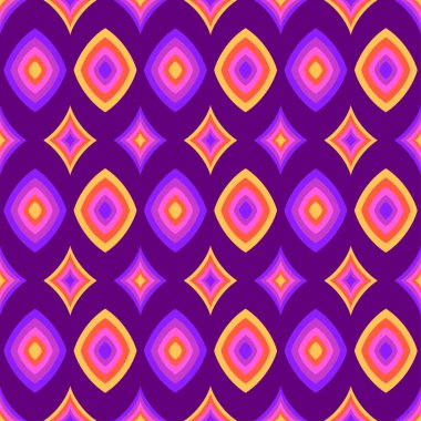 Kusursuz geometrik vektör modelleri. Soyut arkaplan. Leylak arka planında tekrar eden çok renkli uzuvları olan modern bir geometrik desen. Grafik kafes tasarımı.