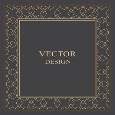 Sanat deco tarzında altın dekoratif çerçeve. Monogram, logo, düğün davetiyesi, menü için kullanılabilir. Dikdörtgen vektör süsü. Siyah bir arkaplanda izole edilmiş bir grafik tasarım ögesi.