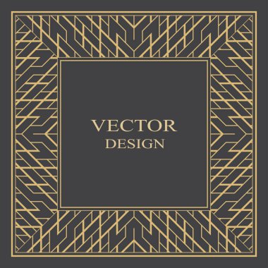Sanat deco tarzında altın dekoratif çerçeve. Monogram, logo, düğün davetiyesi, menü için kullanılabilir. Dikdörtgen vektör süsü. Siyah bir arkaplanda izole edilmiş bir grafik tasarım ögesi.