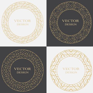 Dekoratif çerçeveyi sanat deco tarzında ayarla. Monogram, logo, düğün davetiyesi, menü için kullanılabilir. Dairesel vektör süsü. Grafik tasarım ögesi siyah ve beyaz arkaplanda izole edildi.