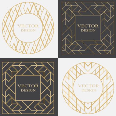 Dekoratif çerçeveyi sanat deco tarzında ayarla. Monogram, logo, düğün davetiyesi, menü için kullanılabilir. Dairesel vektör süsü. Grafik tasarım ögesi siyah ve beyaz arkaplanda izole edildi.