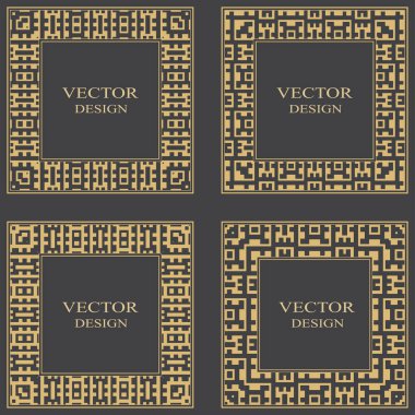 Dekoratif çerçeveyi sanat deco tarzında ayarla. Monogram, logo, düğün davetiyesi, menü için kullanılabilir. Dairesel vektör süsü. Siyah arkaplanda izole edilmiş bir grafik tasarım ögesi.