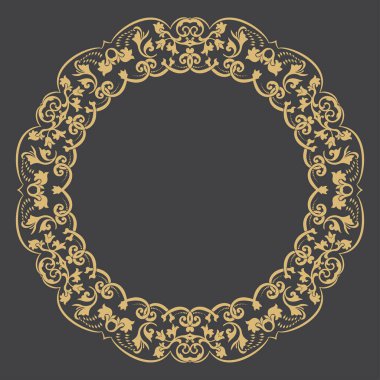 Dairesel barok süsü. Altın dekoratif çerçeve. Mesajın yeri. Monogram, logo, düğün davetiyesi, menü için kullanılabilir. Vektör grafikleri.