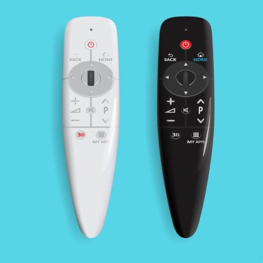 Televizyonun uzaktan kumandası. Teknoloji medyası. Gri ve siyah simgelerden oluşan düz bir set. Video izlemek için dijital aygıt kontrol paneli. Vektör illüstrasyonu mavi arkaplanda izole edilmiştir. 