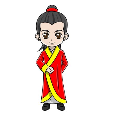 Çizgi filmci çocuk Çin kıyafetleri giyiyor.