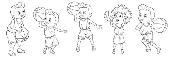 Cartoon Sammlung Von Jungen Die Basketball Spielen Für Malbücher — Stockvektor