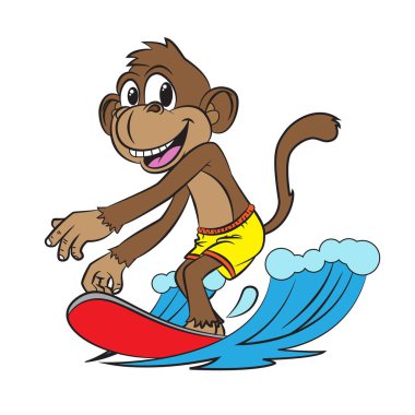 Çizgi film maymunları düz renkli sörf yapıyor.