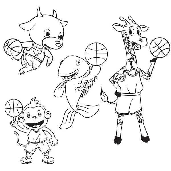 Animal Cartoon Collection Spielt Basketball Für Malbuch — Stockvektor