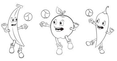 Boyama kitabı için kullanılan voleybol oynayan çizgi film meyveleri koleksiyonu