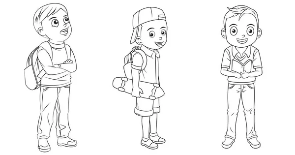 Coleção Desenhos Animados Meninos Indo Para Escola Usado Para Colorir — Vetor de Stock