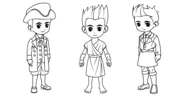 Çizgi film çocuğu koleksiyonu. Yunan İskoç ve İsviçreli kostümleri giyiyor. Boyama kitabı için kullanılıyor.