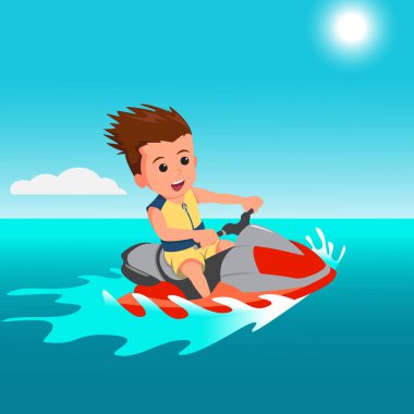 Çizgi filmci çocuk düz renkli jet ski kullanıyor.