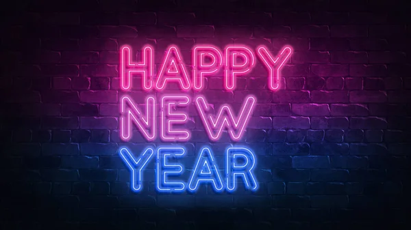 Happy new year neon sign. Night lighting on the wall. 3d render. Holiday background. Greeting card for decorative design. New year christmas. Trendy Design. light banner, bright advertisement. — Stock Photo, Image