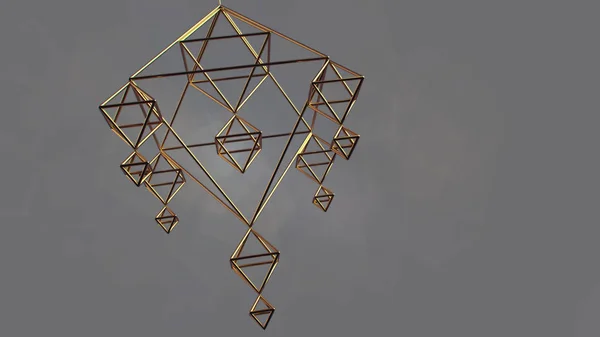 Пірамідальна золота мережа. Обертається геометрична фігура. Натиснуті кадри для вашого дизайну. Наукова освіта. 3d ілюстрація — стокове фото