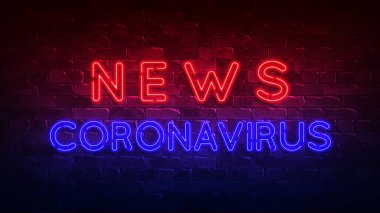 Coronavirus haberleri neon ışığı. kırmızı ve mavi parlıyor. Neon metin. Tasarımınız için yazıyla kavramsal arkaplan. 3d illüstrasyon