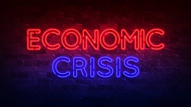 Ekonomik kriz işareti. kırmızı ve mavi parlıyor. Neon metin. Tasarımınız için yazıyla kavramsal arkaplan. 3d hazırlayıcı