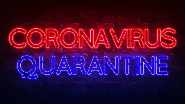 Coronavirus Quarantäne Leuchtreklame Rot Und Blau Leuchten Neon Text Ziegelmauer — Stockfoto