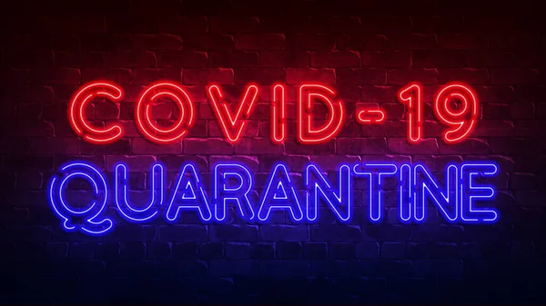 covid-19 quarantine neon sign. red and blue glow. neon text. Brick wall. Conceptual poster with the inscription. 3d render