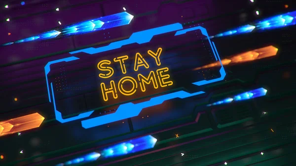 Ein leuchtendes Tech-Schild mit der Aufschrift STAY HOME. abstrakter technischer Hintergrund. Tiefenschärfe und Leuchteffekte. 3d rendern Neon glühen blau und orange Farbe — Stockfoto