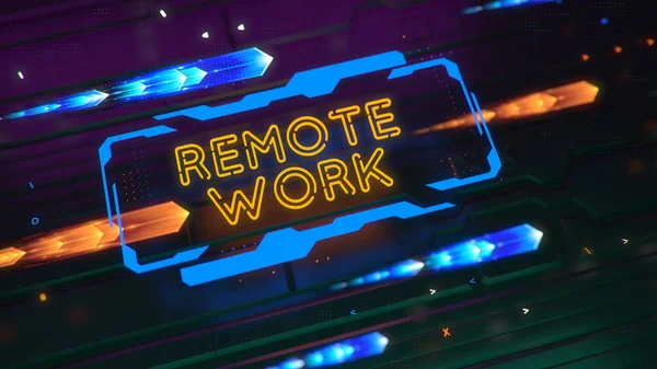 Světelný technický nápis s nápisem REMOTE WORK. abstraktní pozadí technologie. Hloubka pole a světelné efekty. 3D vykreslení neonové záře modré a oranžové barvy — Stock fotografie