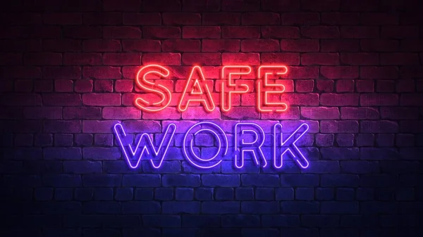 Glowing neon sign with the words SAFE WORK. purple and red glow and brick wall on the background 3d render — Stock Photo, Image