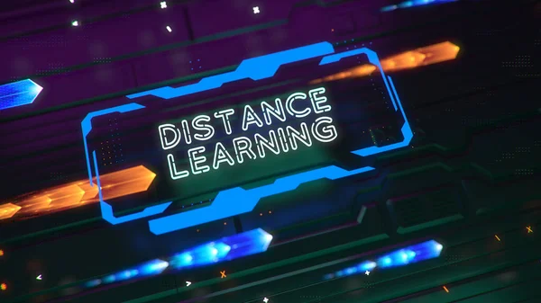 Светящийся технологический знак с надписью DISTANCE LEARNING. Технологический фон. Глубина поля и эффекты свечения. 3D рендеринг неонового сияния синего и оранжевого цвета — стоковое фото