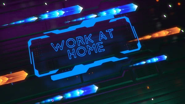 A luminous tech sign with the inscription WORK AT HOME. abstract technology background. Depth of field and glow effects. 3d render neon glow blue and orange color