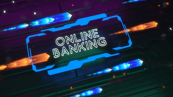 A luminous tech sign with the inscription ONLINE BANKING. abstract technology background. Depth of field and glow effects. 3d render neon glow blue and orange color
