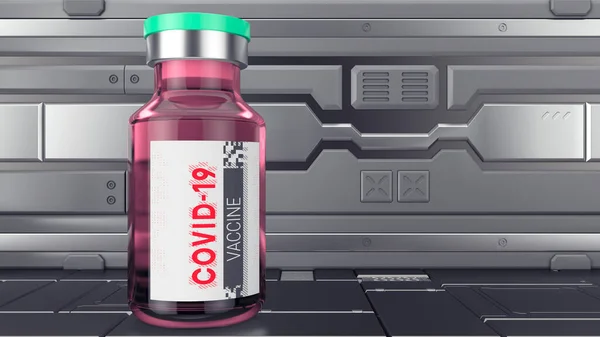 Covid 19 vaccin roze fles. Modern laboratorium in de stijl van sci-fi. Staalmuren 3d renderen — Stockfoto