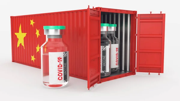 cargo China container with coronavirus vaccine. isolated white background. Large bottle of vaccine against Covid-19 3d render