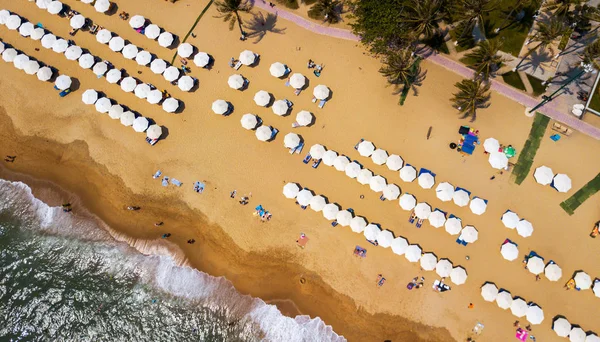 Vista Aérea Aérea Personas Disfrutando Del Verano Línea Playa Olas — Foto de Stock